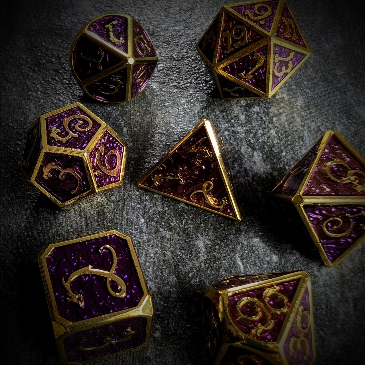 Purple Enamel in Gold Metal - 7pcs RPG Dice Set