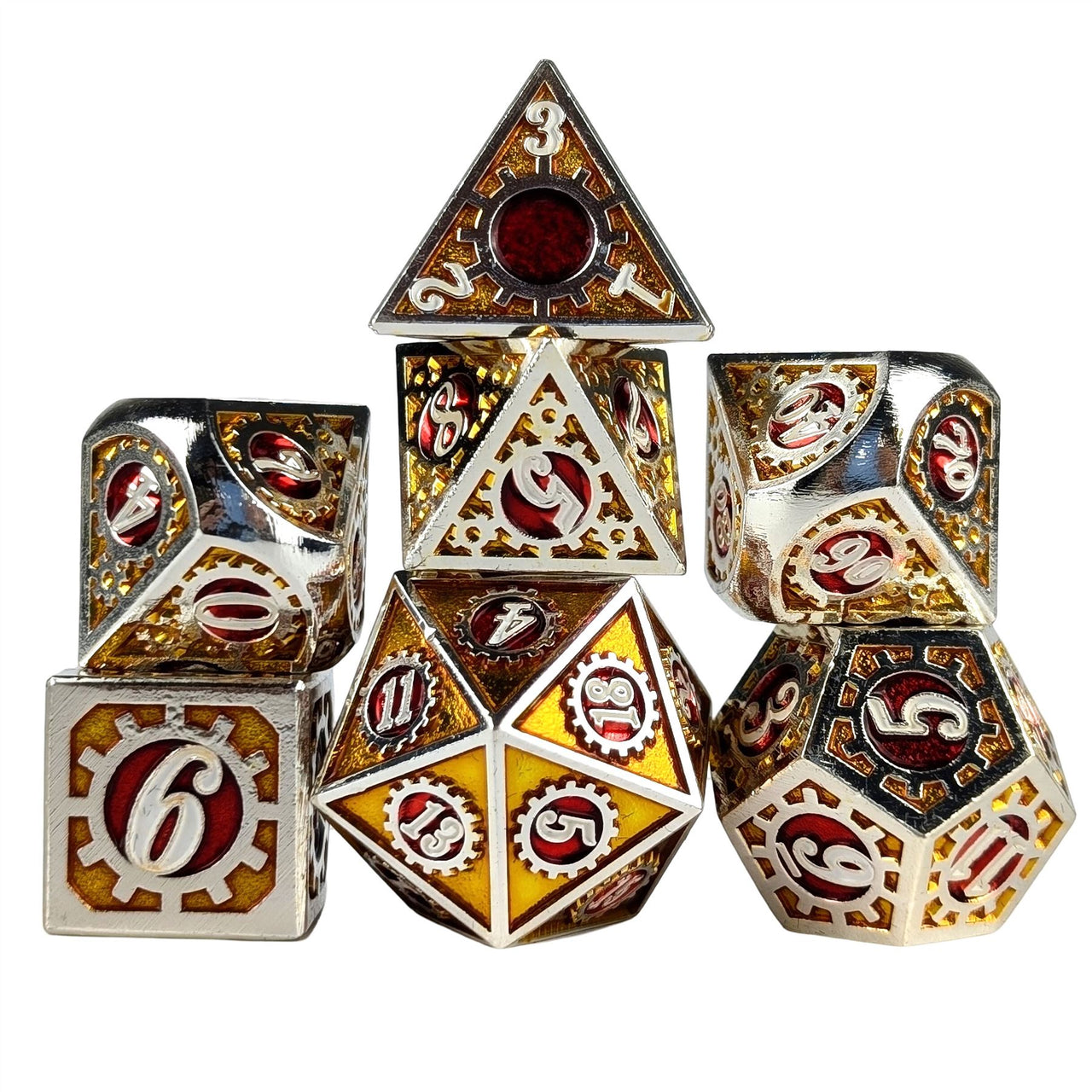 Gear in Red Enamel Silver Metal - 7pcs RPG Dice Set