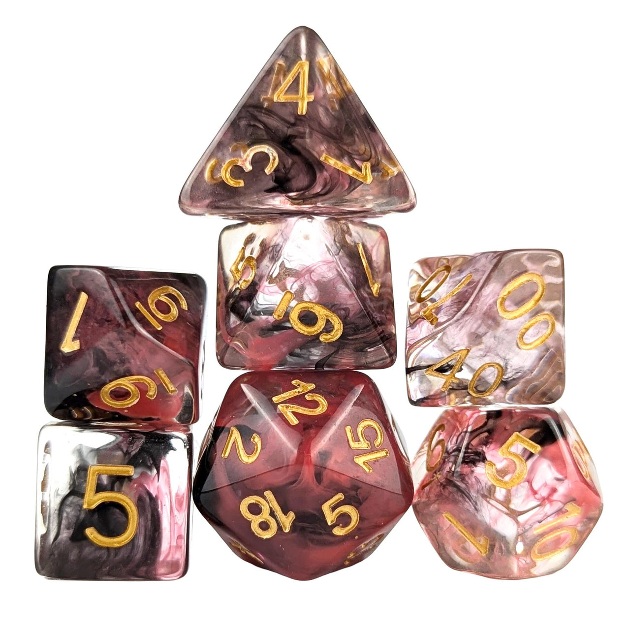 Black & Red Swirl in Clear Resin - 7pcs RPG Full Dice Set