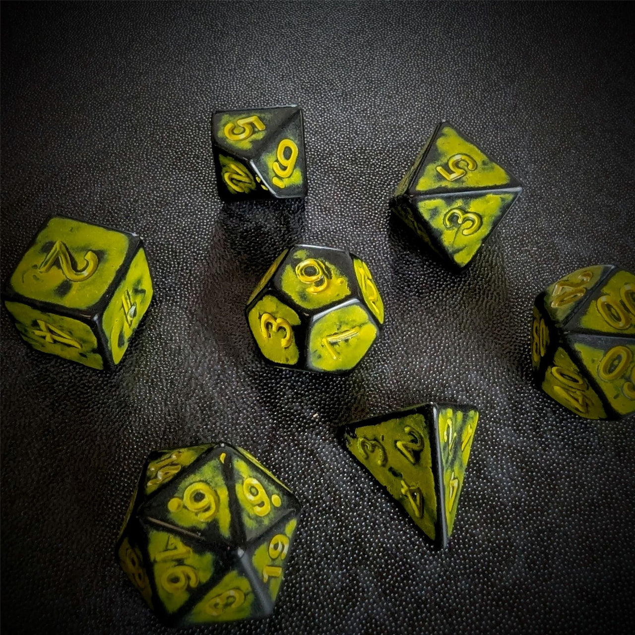 Washed Yellow on Black Acrylic - 7pcs RPG Full Dice Set Scatter