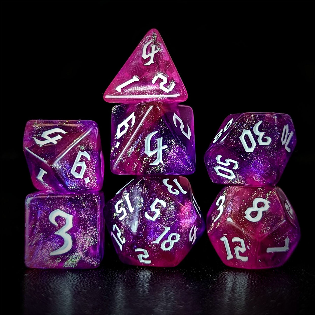 Glitter in Pink & Purple Acrylic - 7pcs RPG Full Dice Set Dark Stack