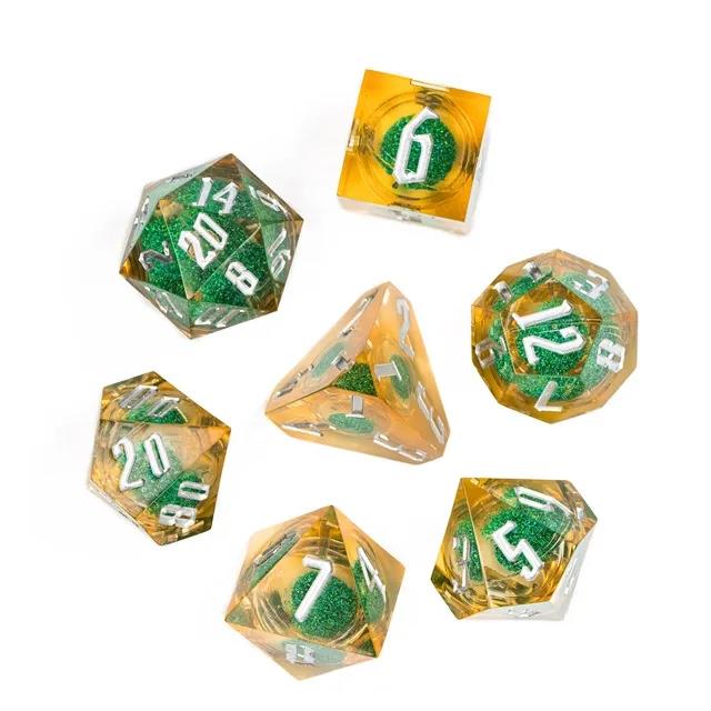 Green Glitter in Yellow & Clear Liquid Filled Sharp Resin - 7pcs RPG Dice Set