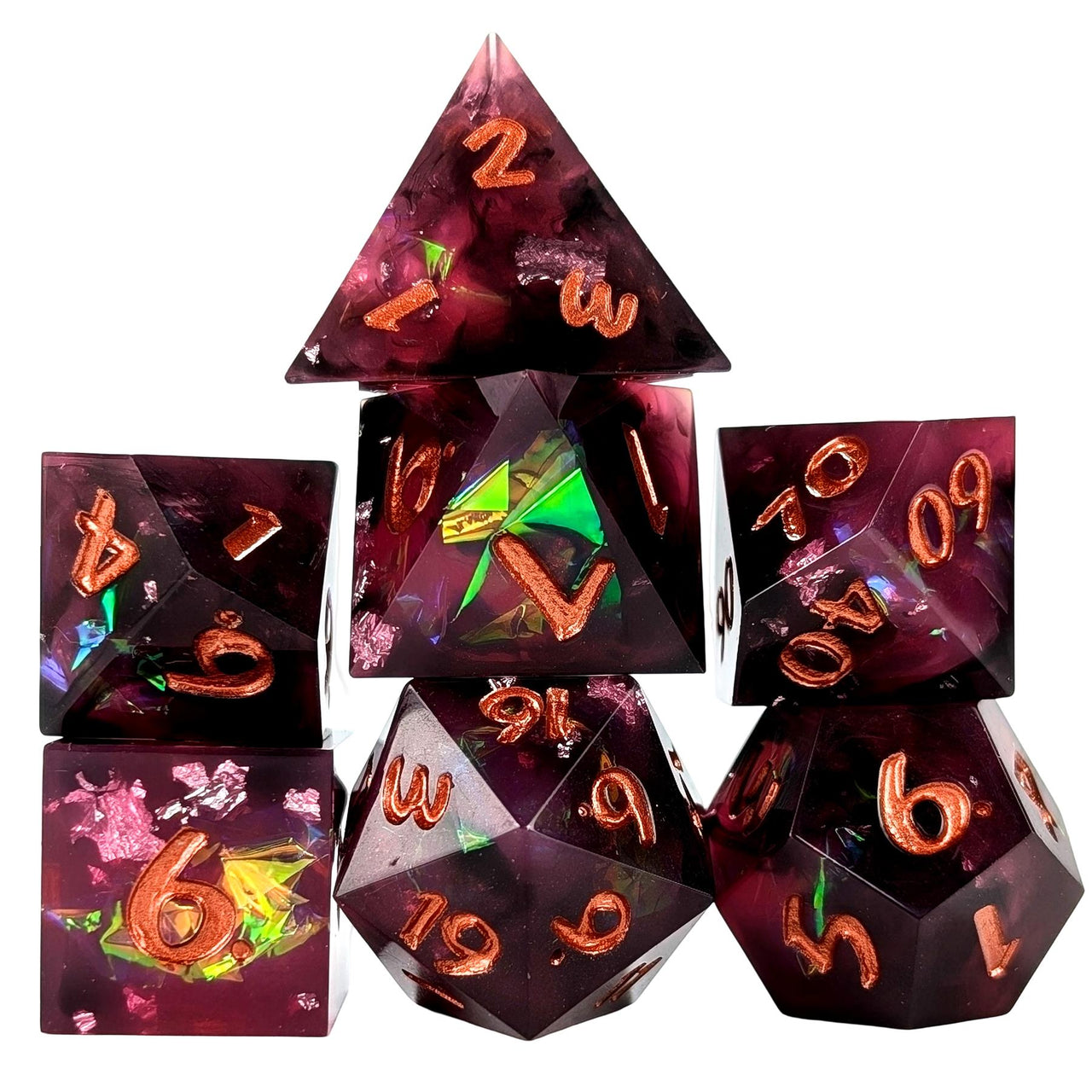 Candy in Purple & Black with Copper Foil Sharp Resin - 7pcs RPG Dice Set