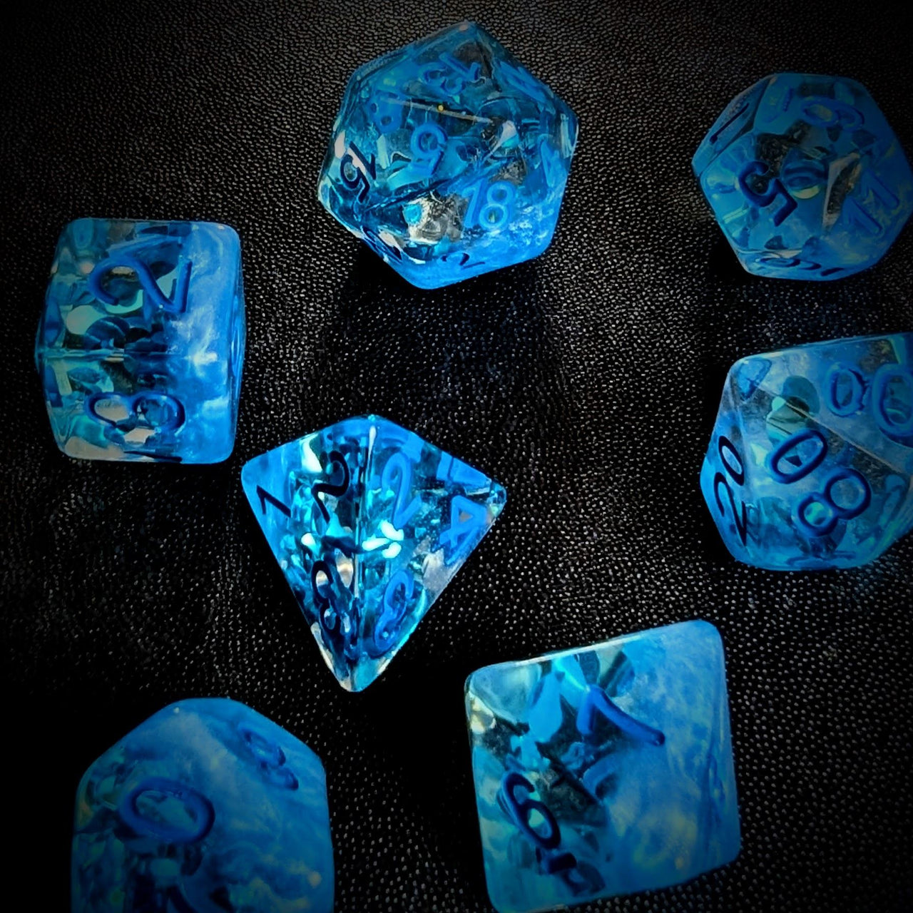 Water Drops in Clear & Blue Resin - 7pcs RPG Full Dice Set