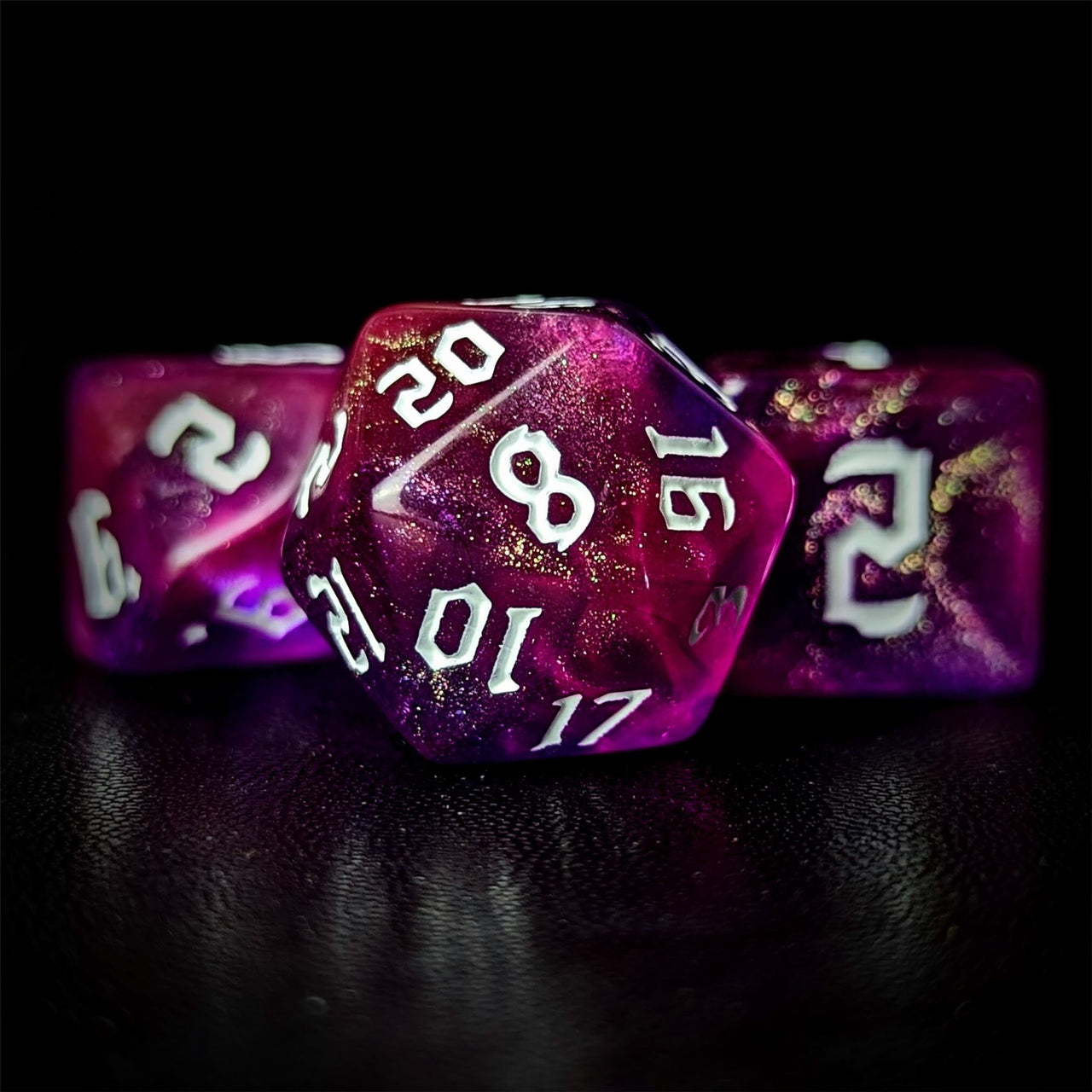 Glitter in Pink & Purple Acrylic - 7pcs RPG Full Dice Set Close