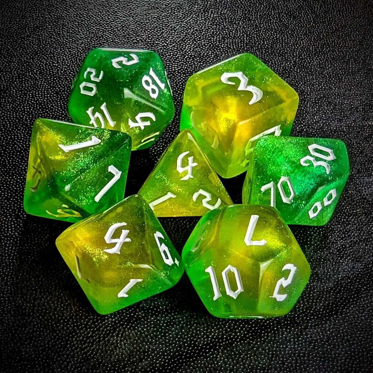 Glitter in Green & Yellow Acrylic - 7pcs RPG Full Dice Set Top