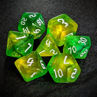 Thumbnail for Glitter in Green & Yellow Acrylic - 7pcs RPG Full Dice Set Top