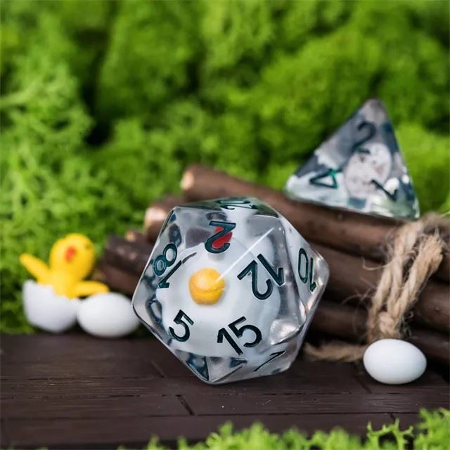 Chickens in Clear Resin with Oversized D20 - 8pcs RPG Dice Set