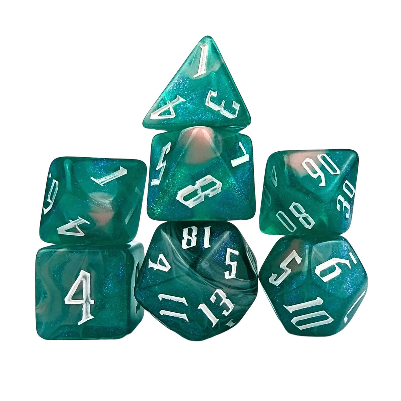 Glitter in Green & Pink Acrylic - 7pcs RPG Full Dice Set White Stack