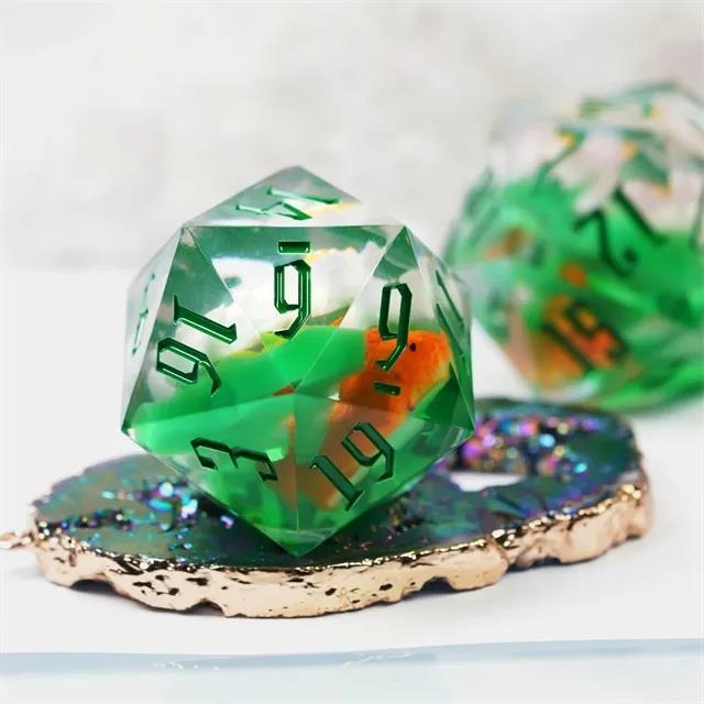 White Flower in Clear & Green Sharp Resin - D20 RPG Dice