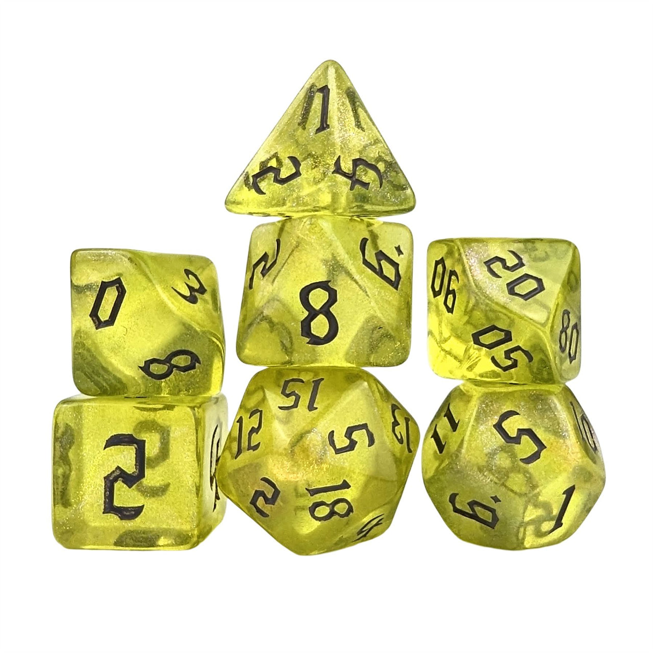 Glitter in Yellow Acrylic - 7pcs RPG Full Dice Set White Stack