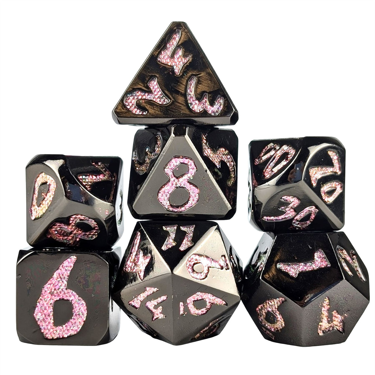 Pink & Yellow Font in Black Metal - 7pcs RPG Dice Set