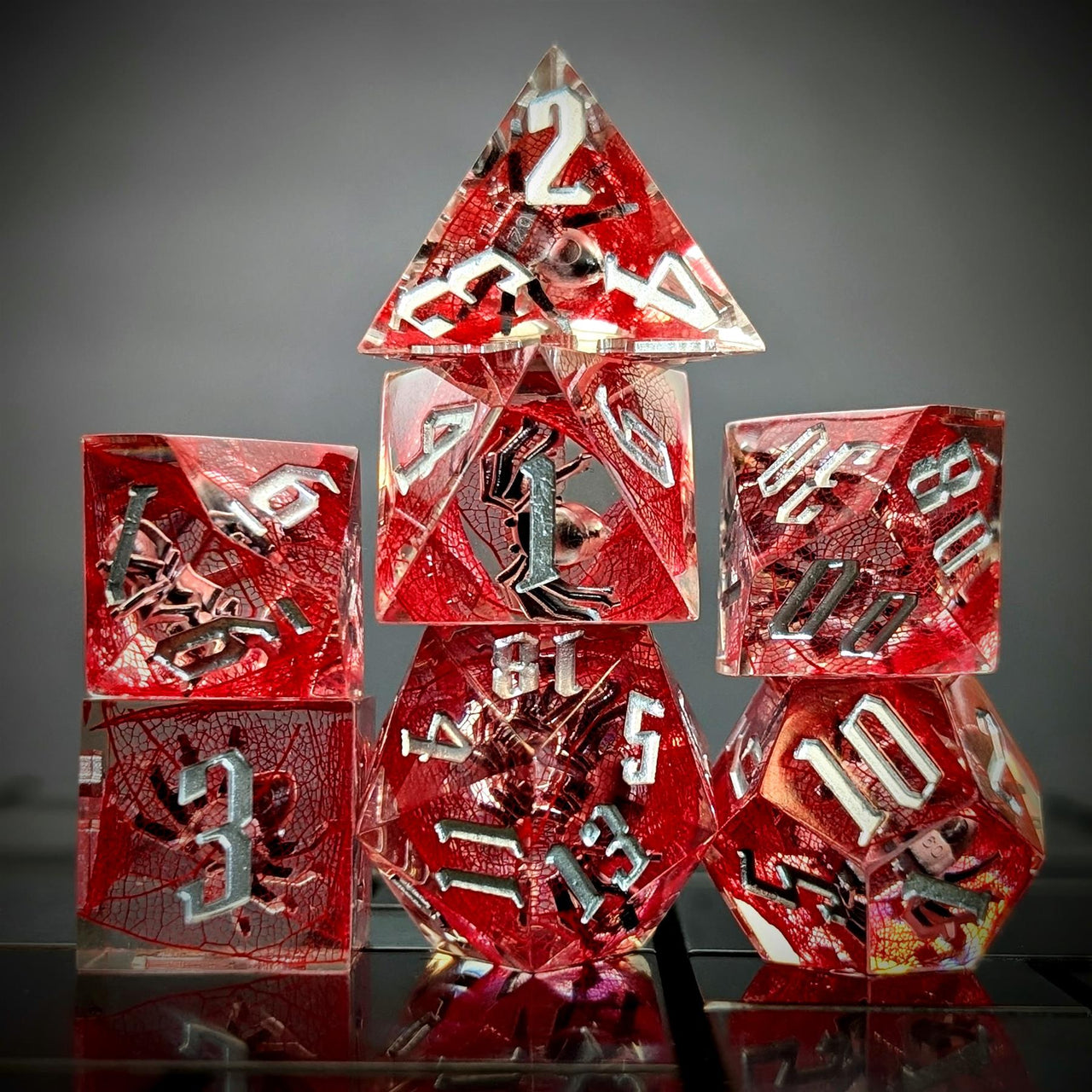 Spider in Clear & Red Filled Sharp Resin - 7pcs RPG Dice Set