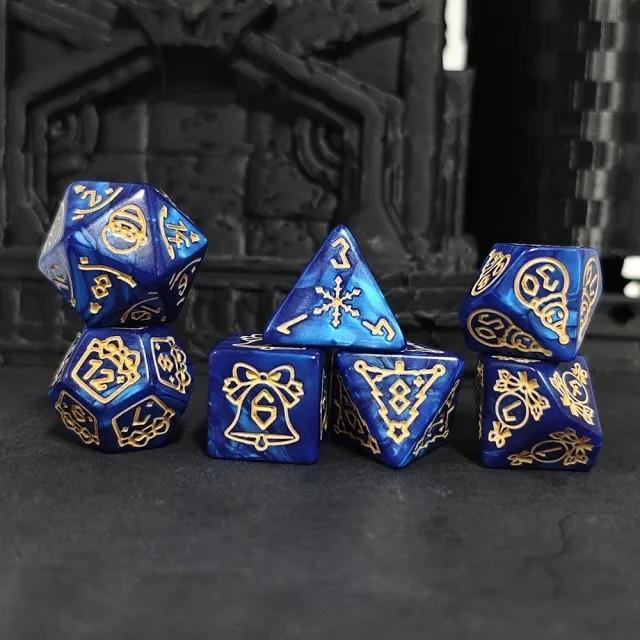 7pcs Dice Acrylic Pattern Christmas Gold Font Blue