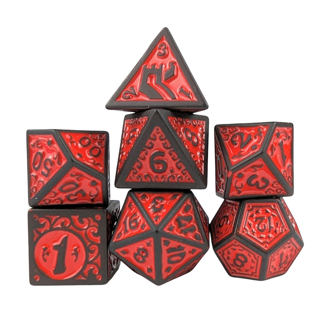 Red Vines on Black Acrylic - 7pcs RPG Full Dice Set White Stack