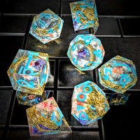 Thumbnail for 7pcs Dice Sharp Filled Gold Ring Flowers Blue Font Blue Clear