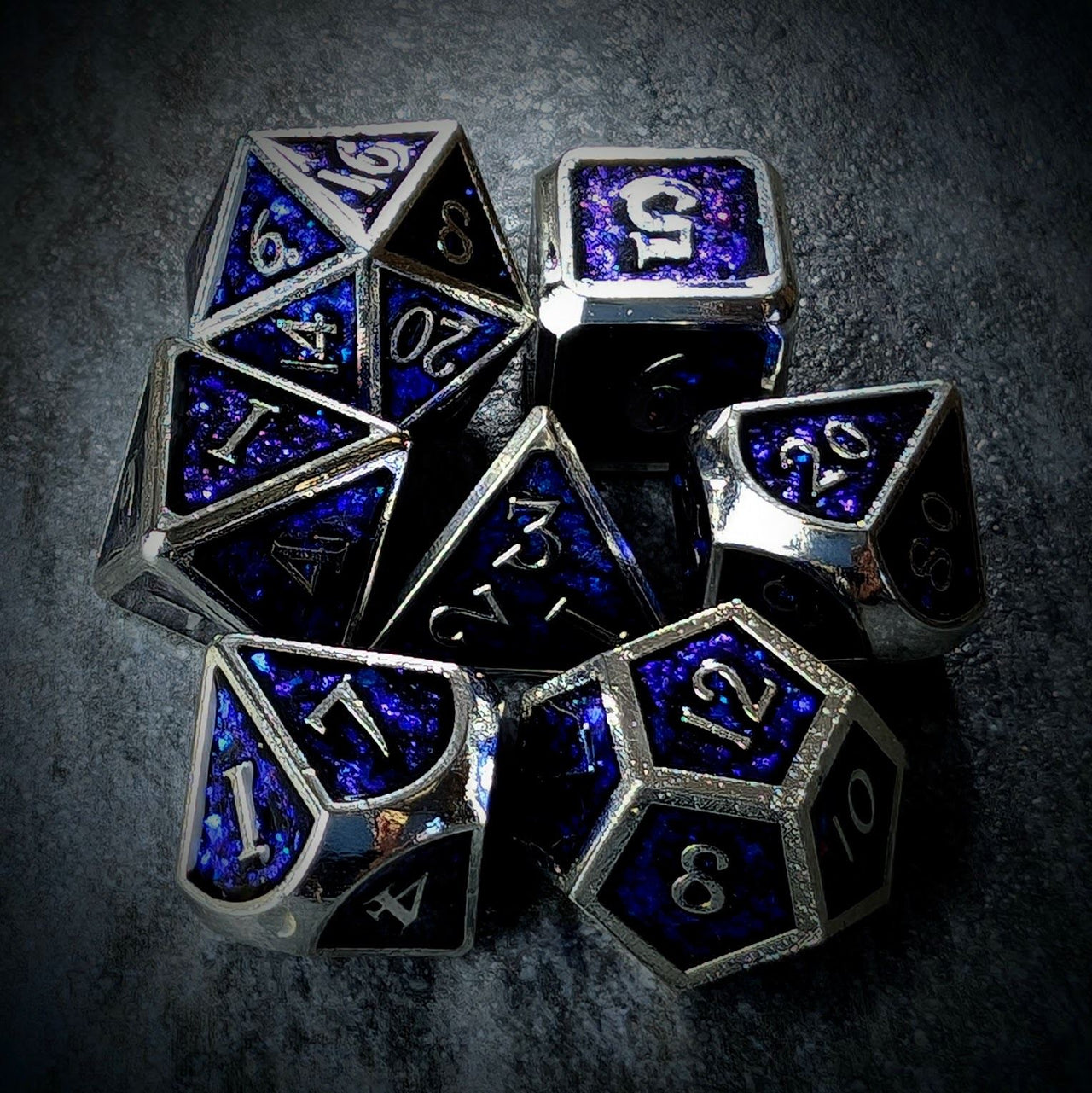 Glitter Blue Enamel in Silver Metal - 7pcs RPG Dice Set