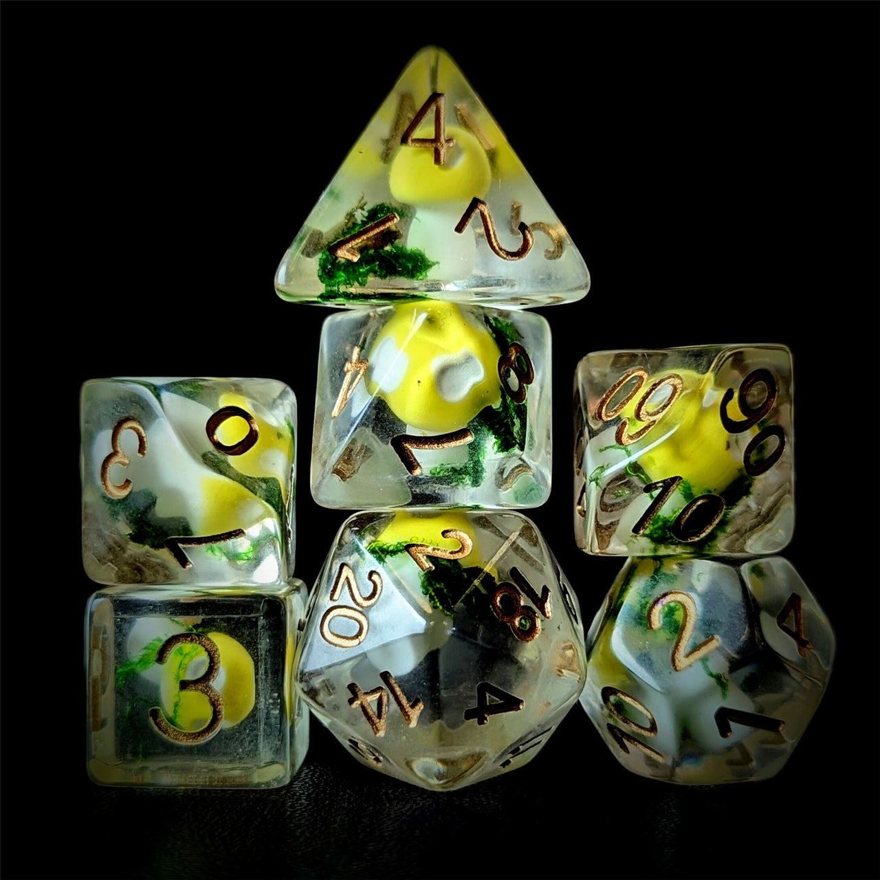 Yellow Mushroom in Clear Resin - 7pcs RPG Full Dice Set