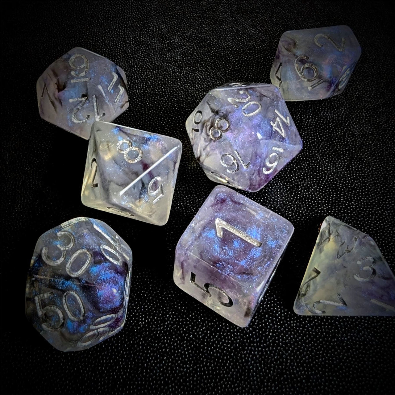 Glitter in Purple & White Resin - 7pcs RPG Full Dice Set