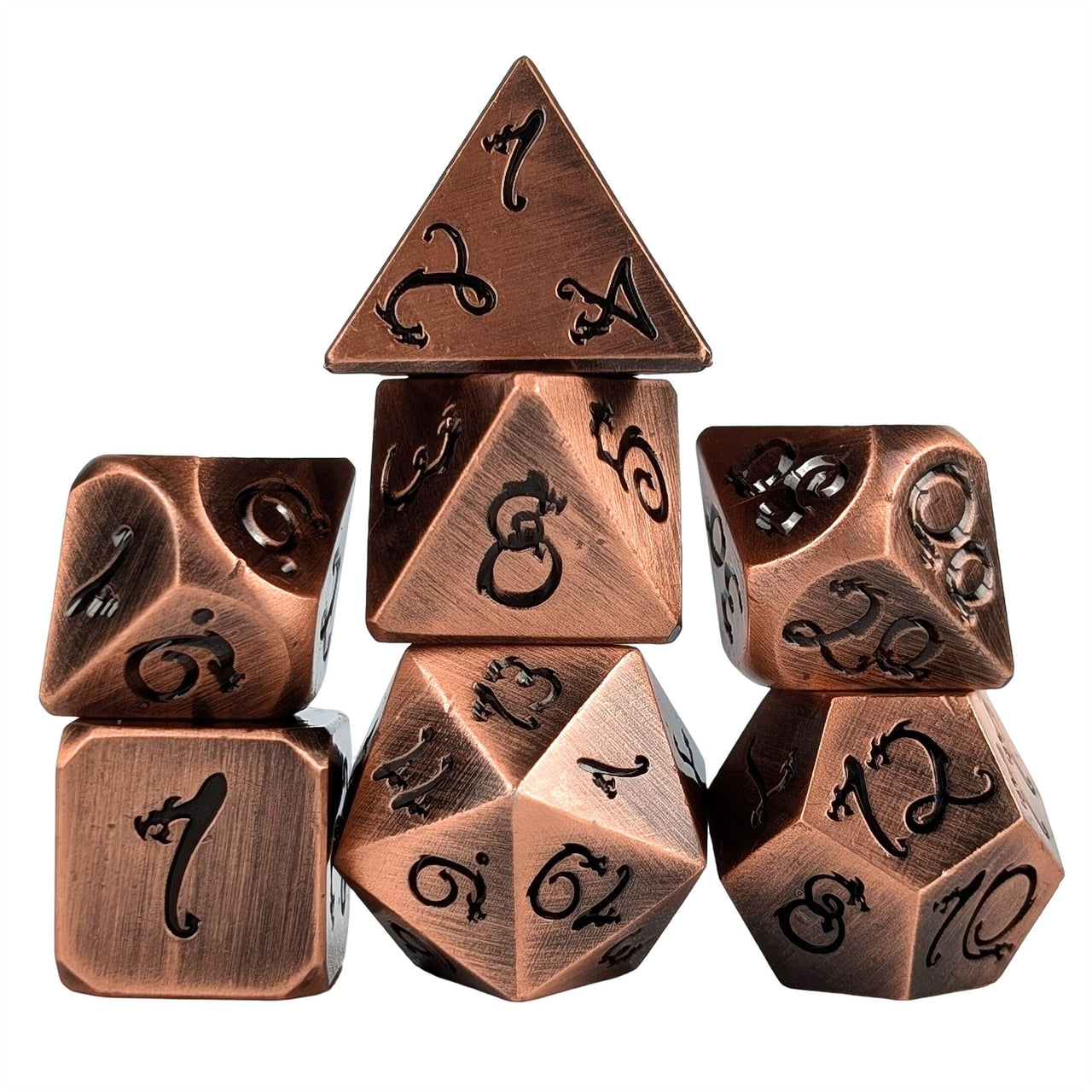 Copper Metal with Black Dragon Font - 7pcs RPG Dice Set