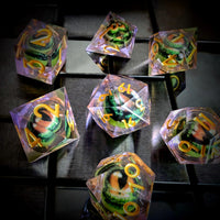 Thumbnail for Green Dragon Eye Ball in Clear & Purple Filled Sharp Resin - 7pcs RPG Dice Set