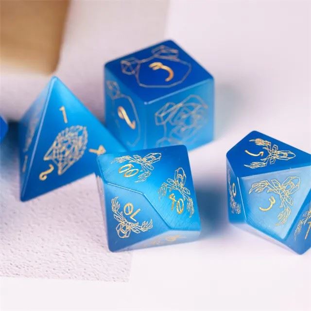 Beasts on Blue Cat Eye Gemstone - 7pcs RPG Dice Set