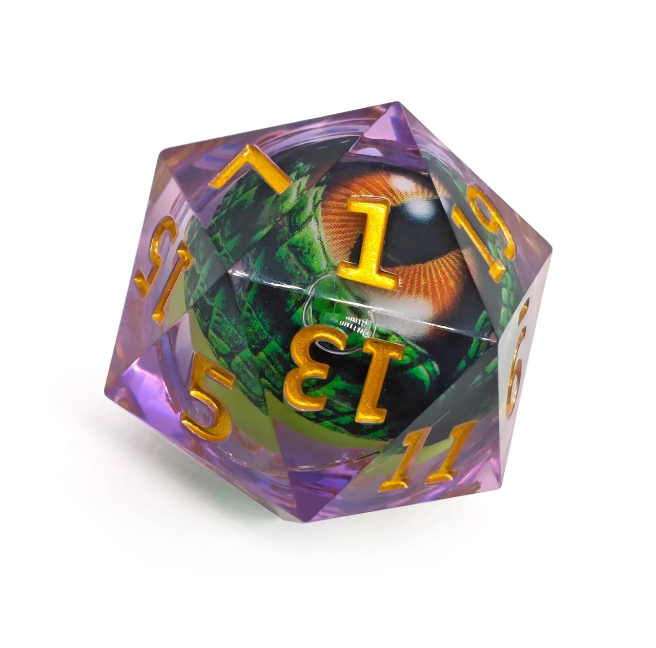 Green Lizard Eye in Clear & Purple Liquid Sharp Resin - D20 RPG Dice