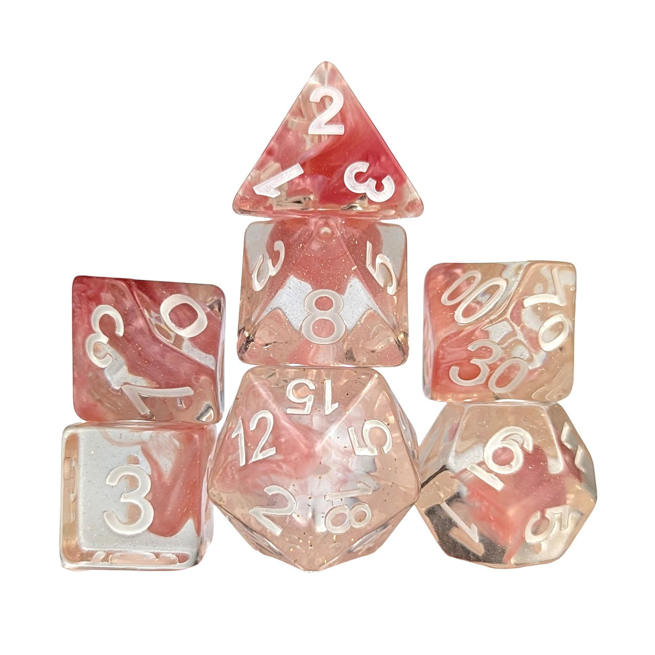 Pink Swirl in Clear Resin - 7pcs RPG Full Dice Set