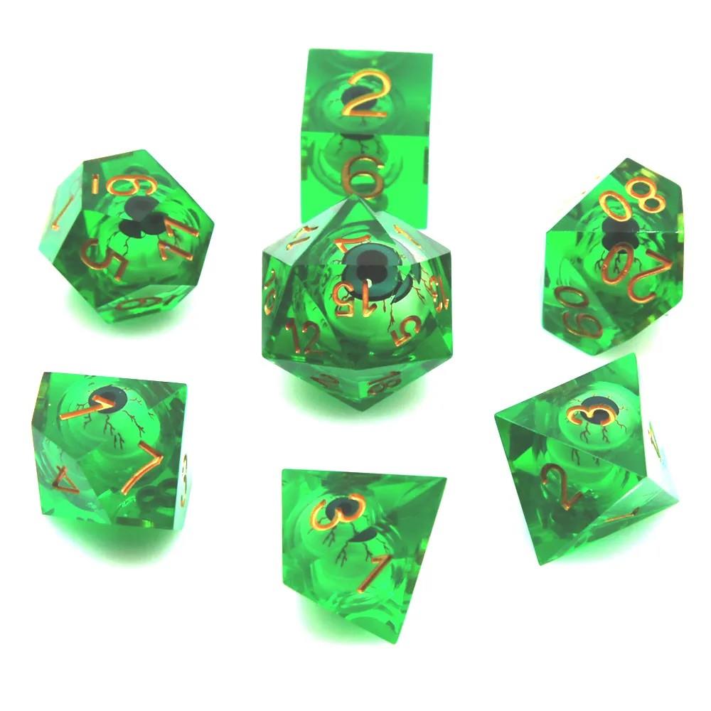 Green Eye Ball in Clear & Blue Liquid Filled Sharp Resin - 7pcs RPG Dice Set