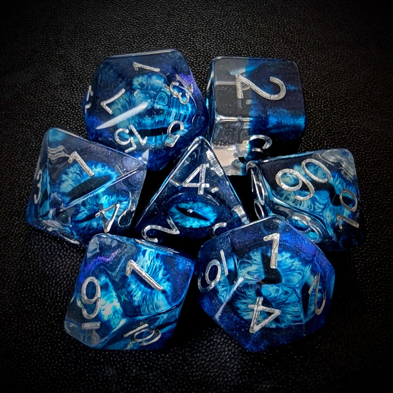 Demon Eye in Clear & Royal Blue Resin - 7pcs RPG Full Dice Set