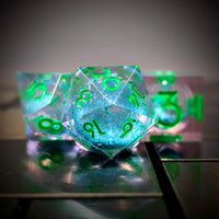 Thumbnail for 7pcs Dice Sharp Filled Liquid Green Font Blue Clear