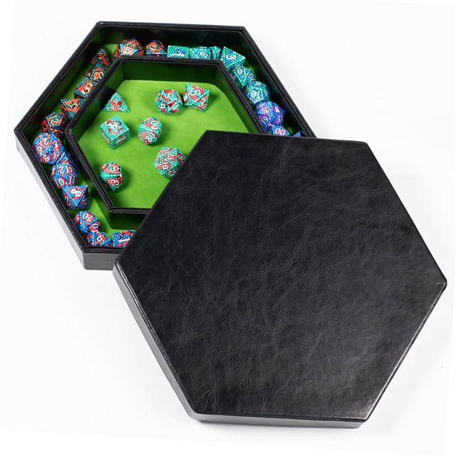 Green Velvet & Black PU Leather - Hexagon Lid Dice Tray