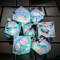 Thumbnail for Black Swirl & Glitter in Cyan Liquid Filled Sharp Resin - 7pcs RPG Dice Set