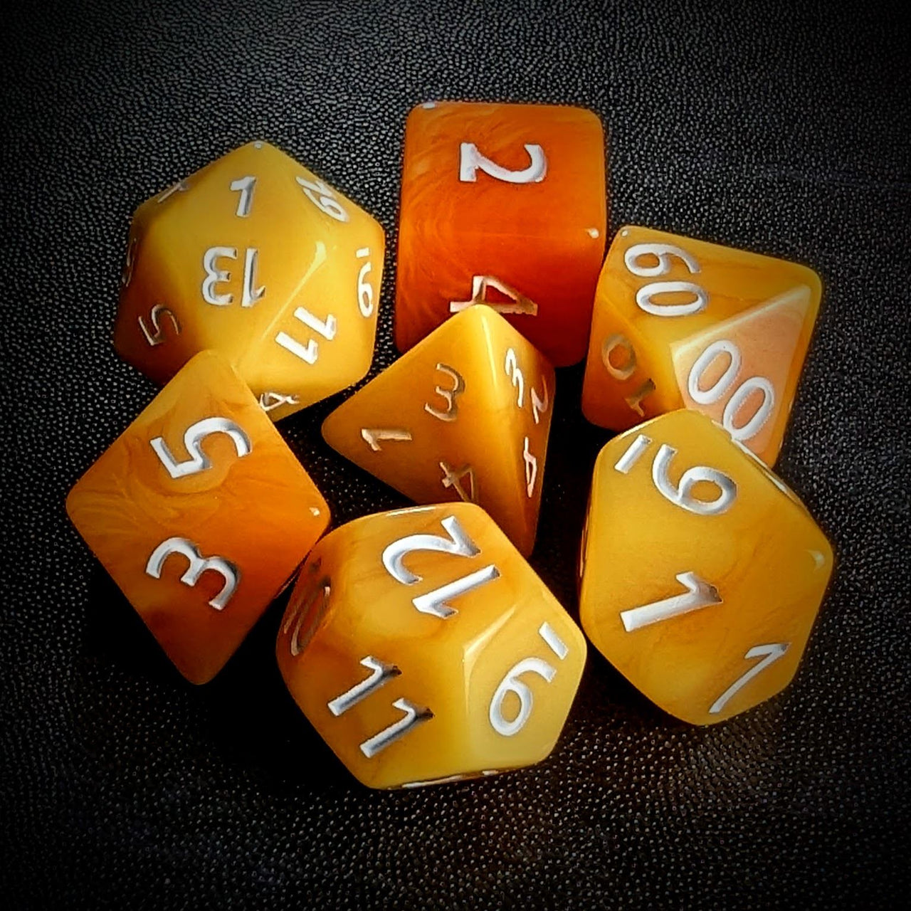 Blend of Orange & Yellow Acrylic - 7pcs RPG Full Dice Set Top