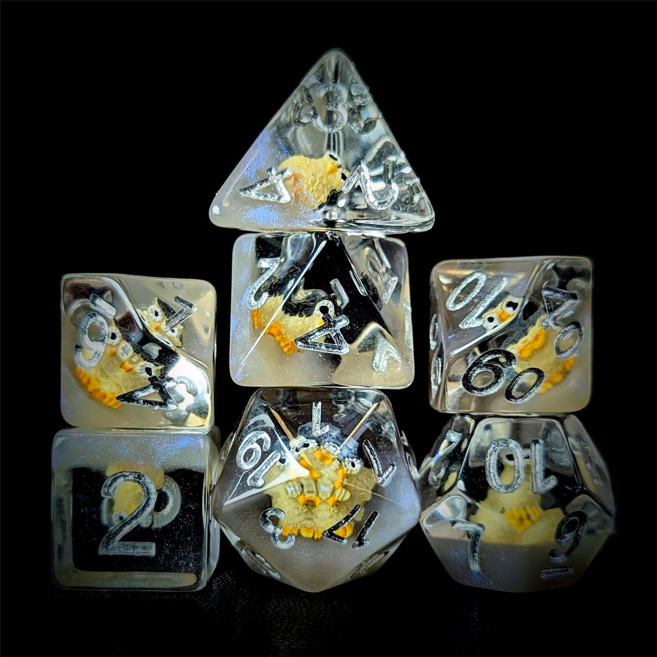 Owl in Clear & Grey Resin - 7pcs RPG Full Dice Set