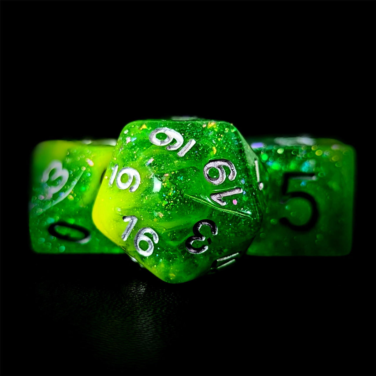 Glitter in Yellow & Green Resin - 7pcs RPG Full Dice Set