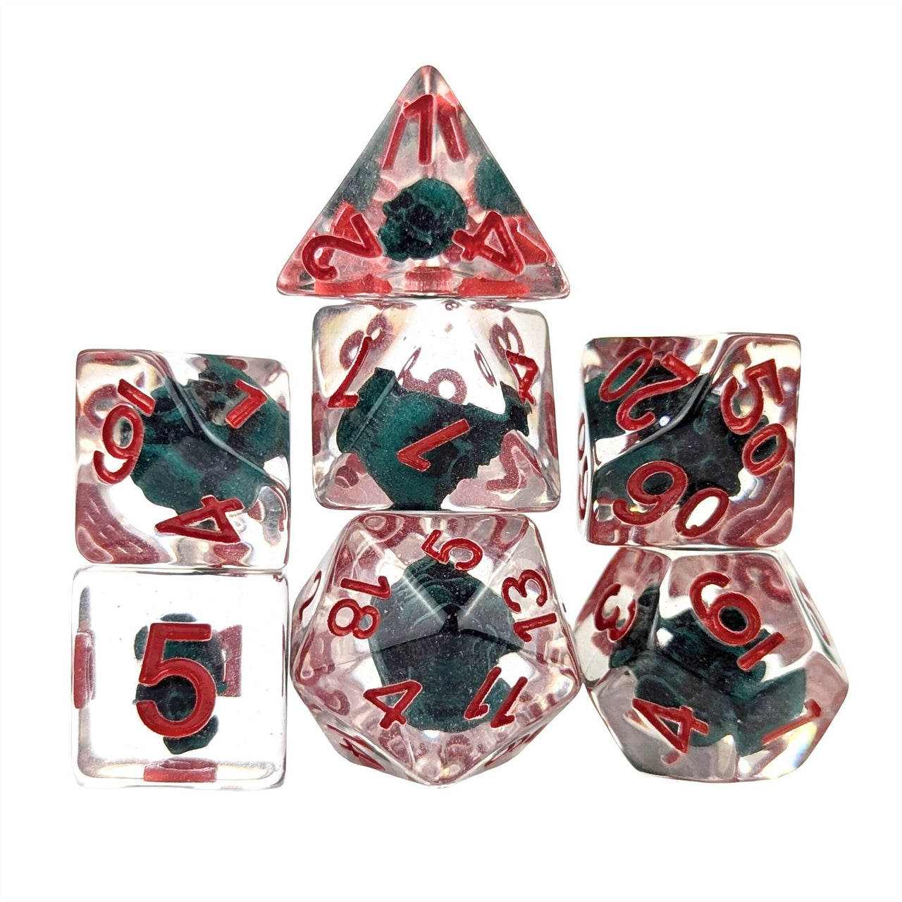 Green Skull in Clear Resin - 7pcs RPG Full Dice Set