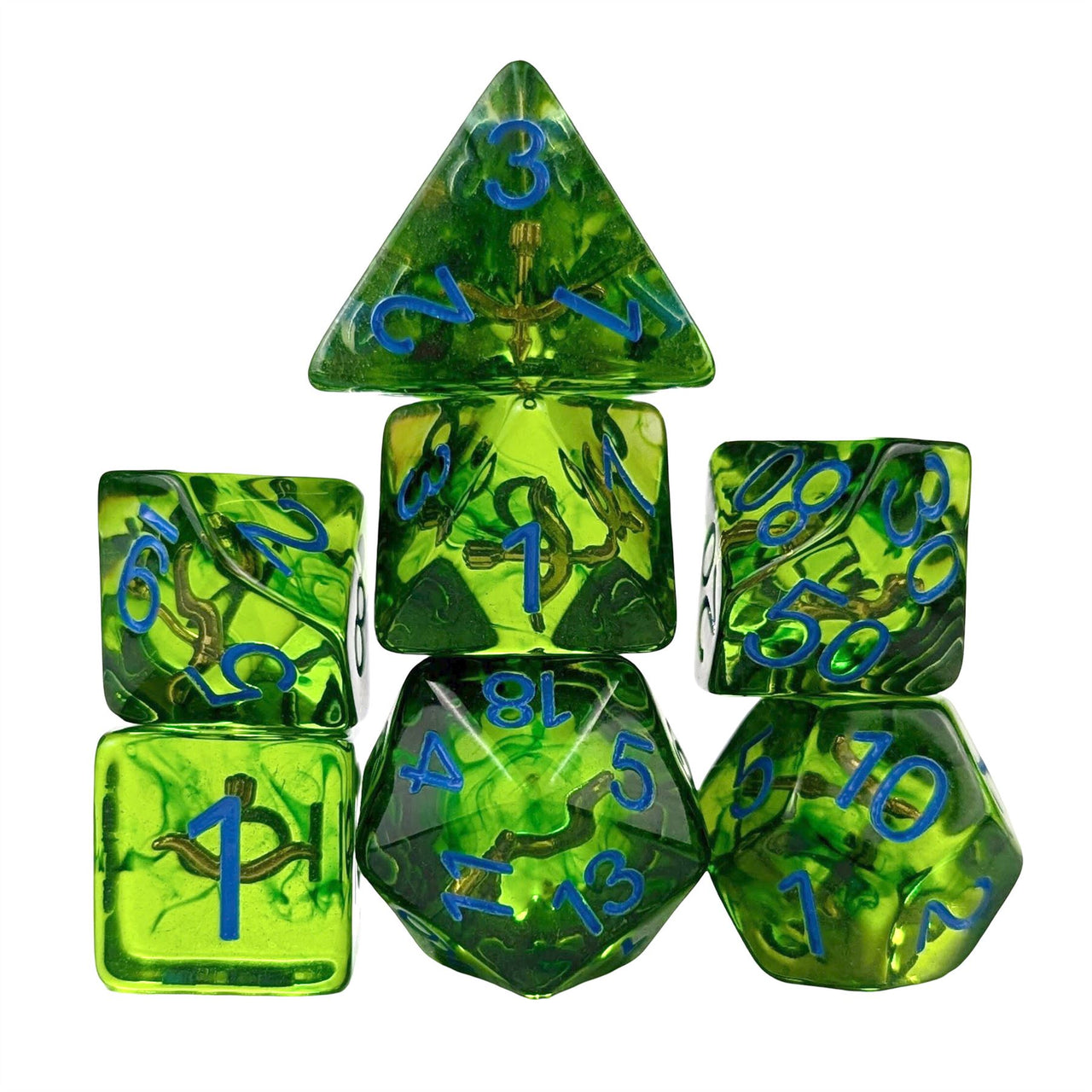 Bow in Clear & Green Resin - 7pcs RPG Full Dice Set