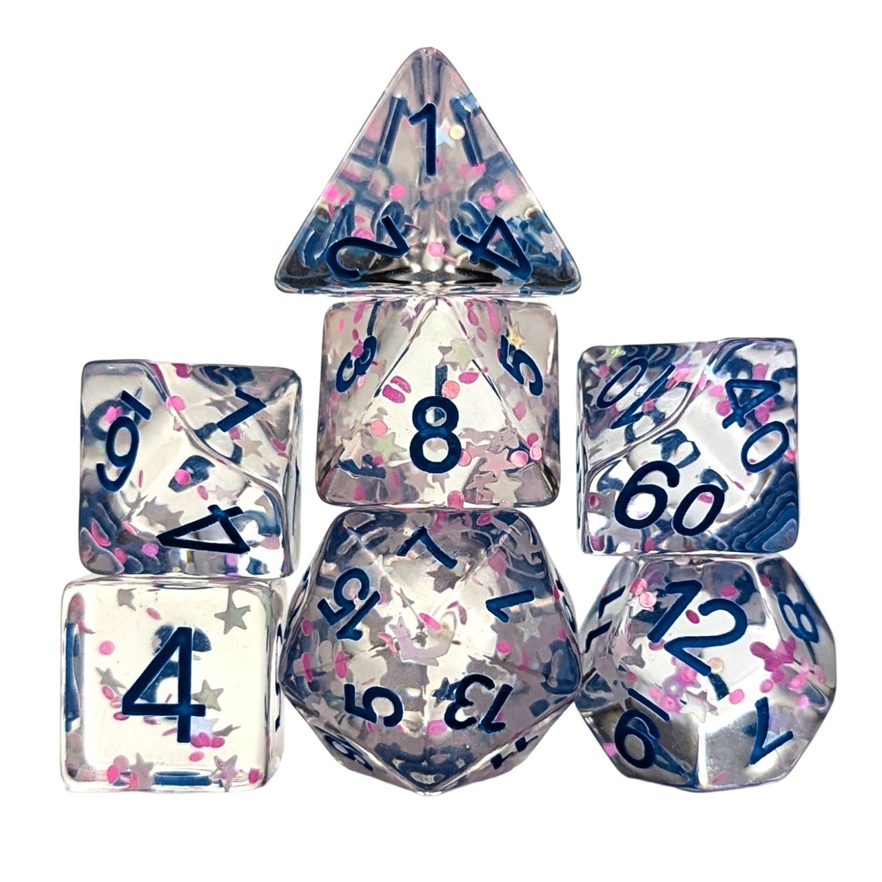 Star Confetti in Clear Resin - 7pcs RPG Full Dice Set