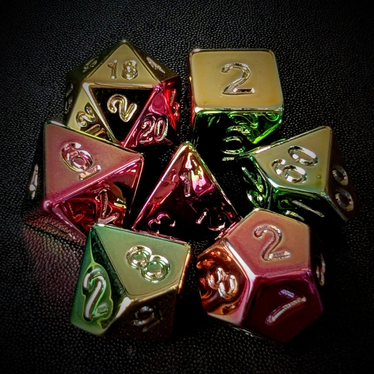 Yellow, Pink & Green Metallic Acrylic - 7pcs RPG Dice Set