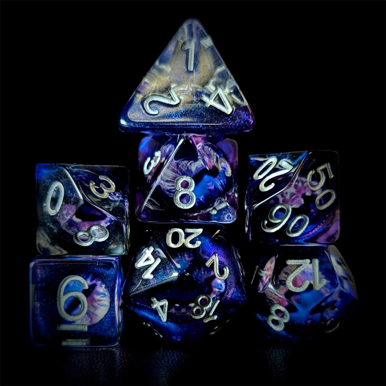 Demon Eye in Clear & Purple Resin - 7pcs RPG Full Dice Set