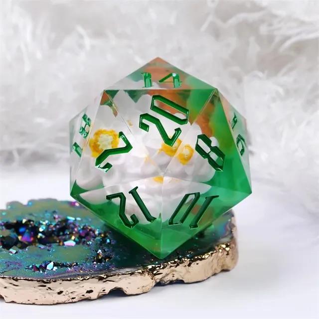 White Flower in Clear & Green Sharp Resin - D20 RPG Dice