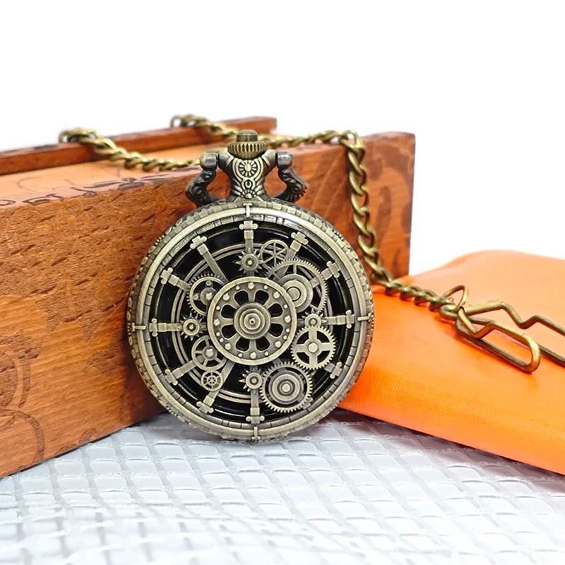 Cog Wheel on Bronze Pocket Watch with Mini Dice - Pendant