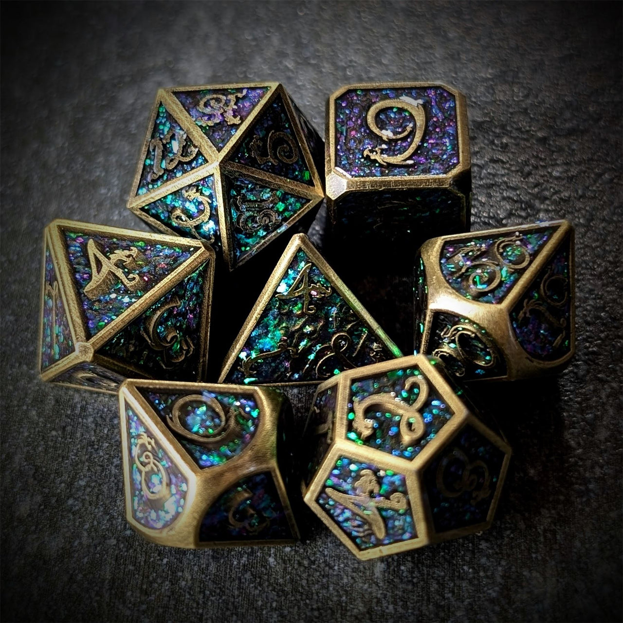 Glitter Pink Enamel in Bronze Metal - 7pcs RPG Dice Set