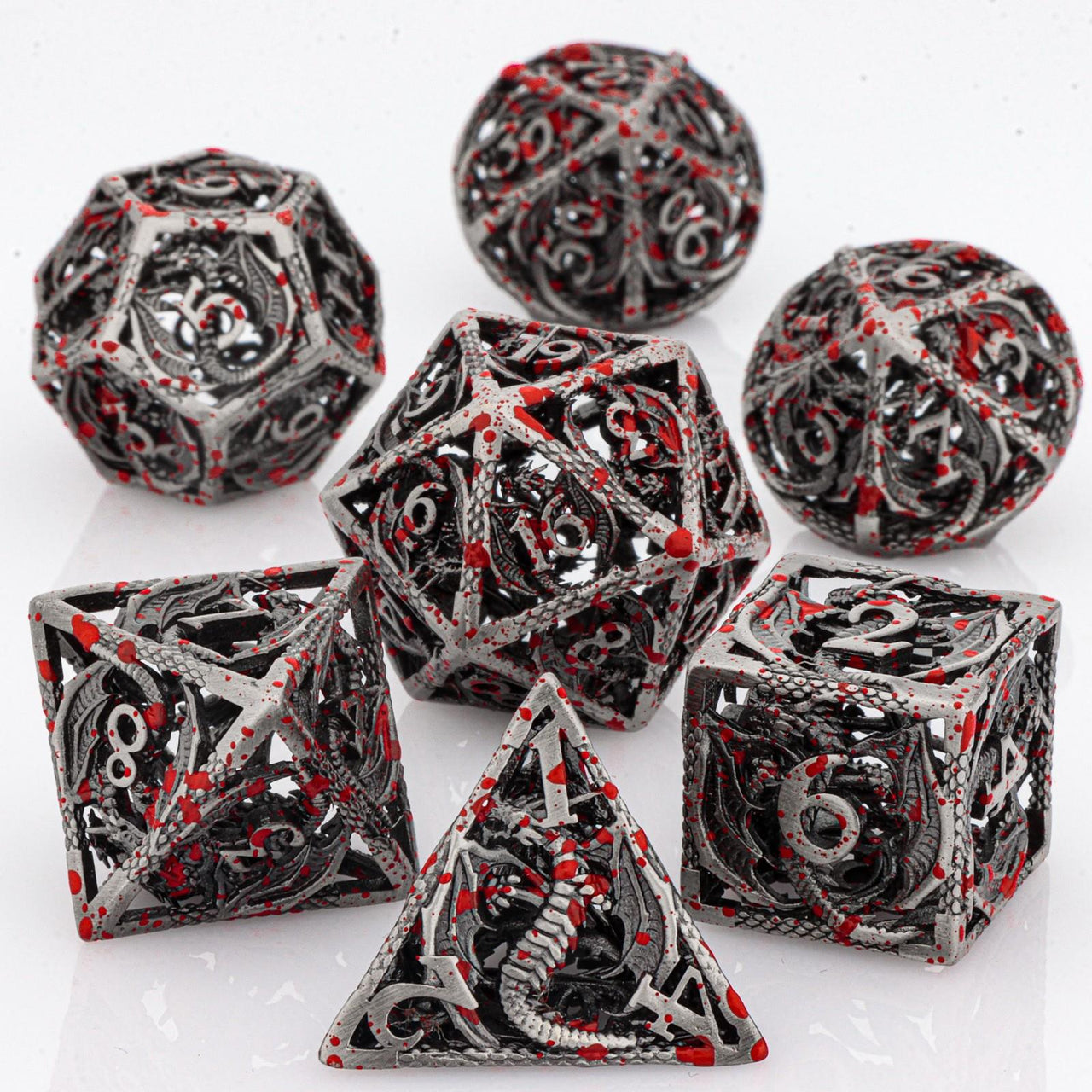 7pcs Dice Metal Hollow Handpainted Blood Silver