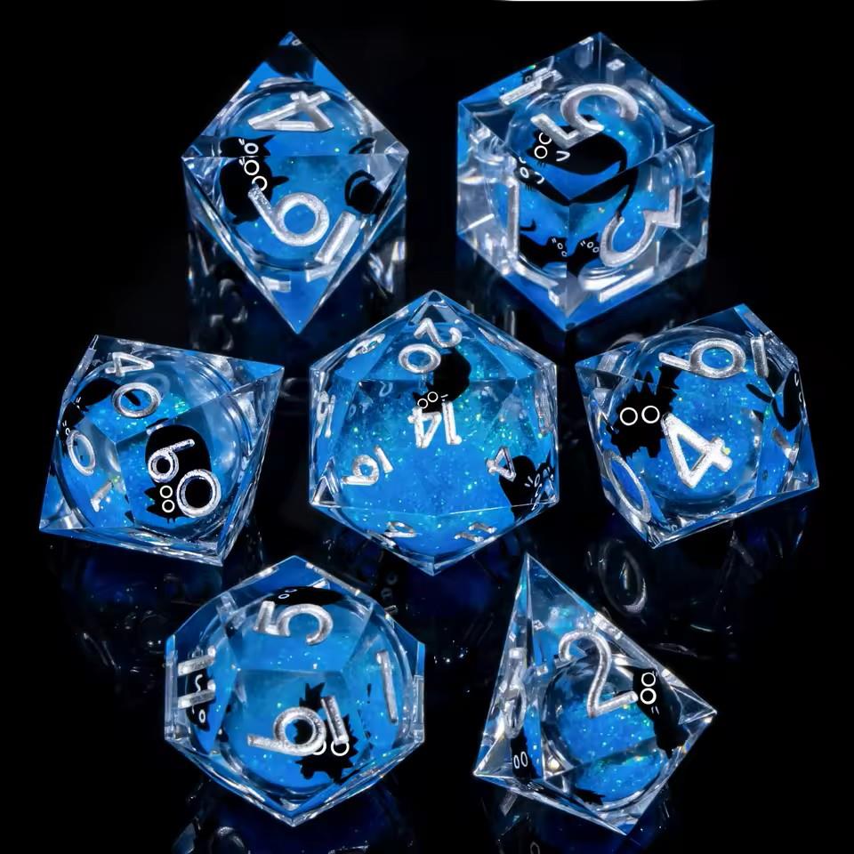 7pcs Dice Sharp Filled Liquid Cats Silver Font Blue Clear