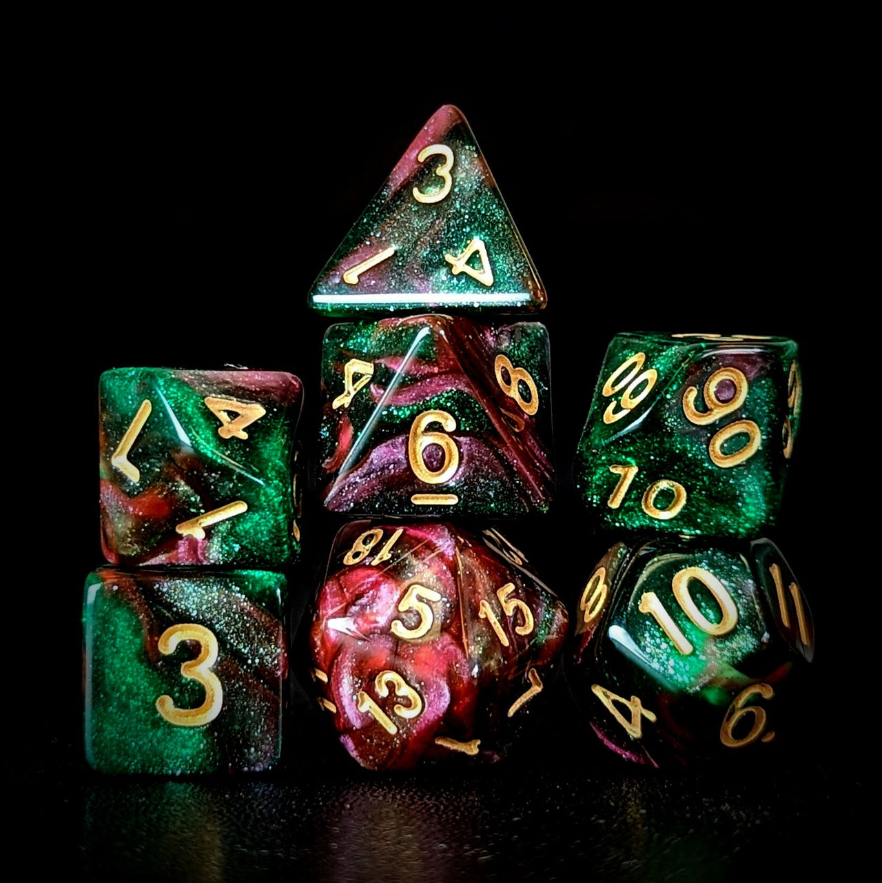 Glitter in Red & Green Acrylic - 7pcs RPG Full Dice Set Dark Stack