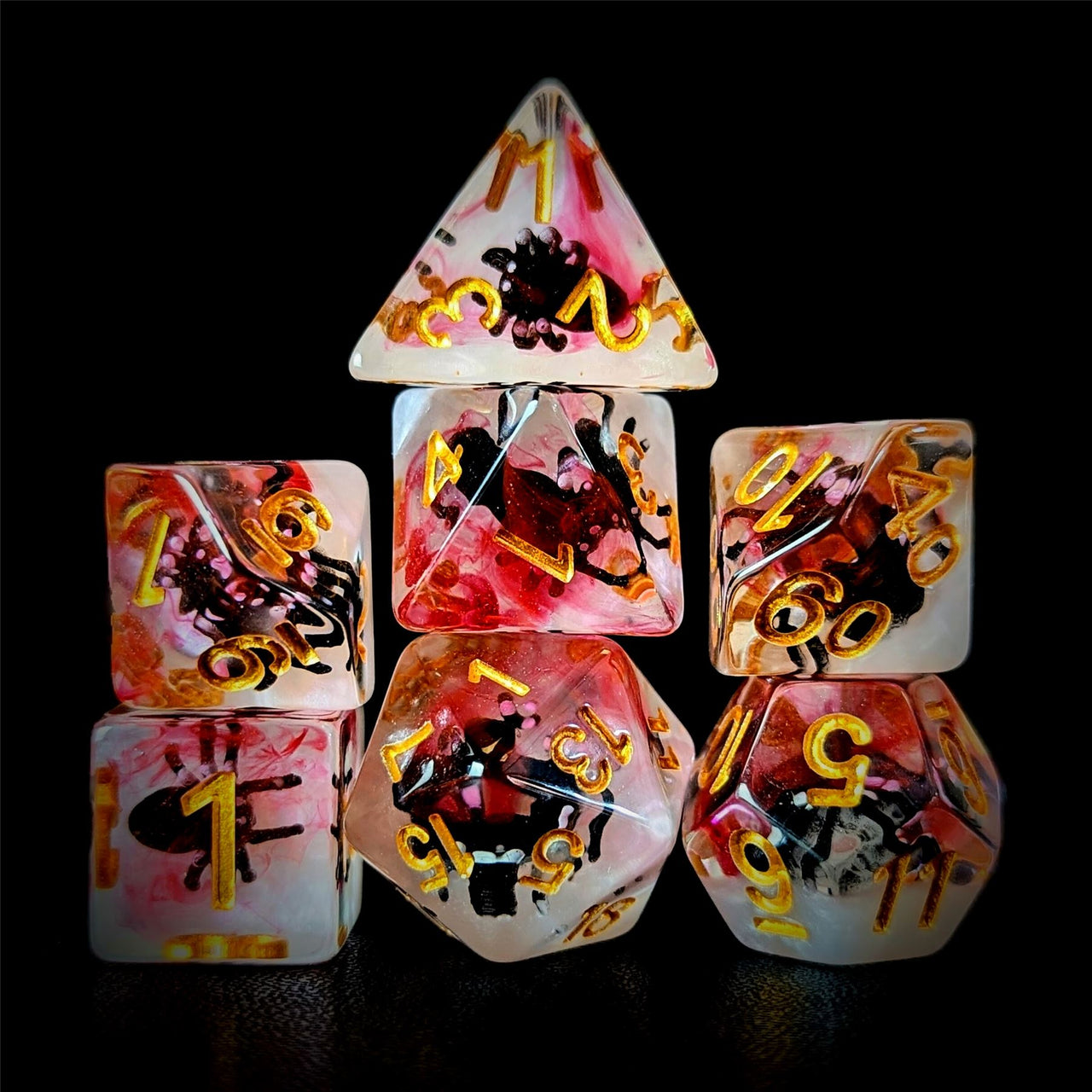 Black Spider in Pink & Clear Resin - 7pcs RPG Full Dice Set