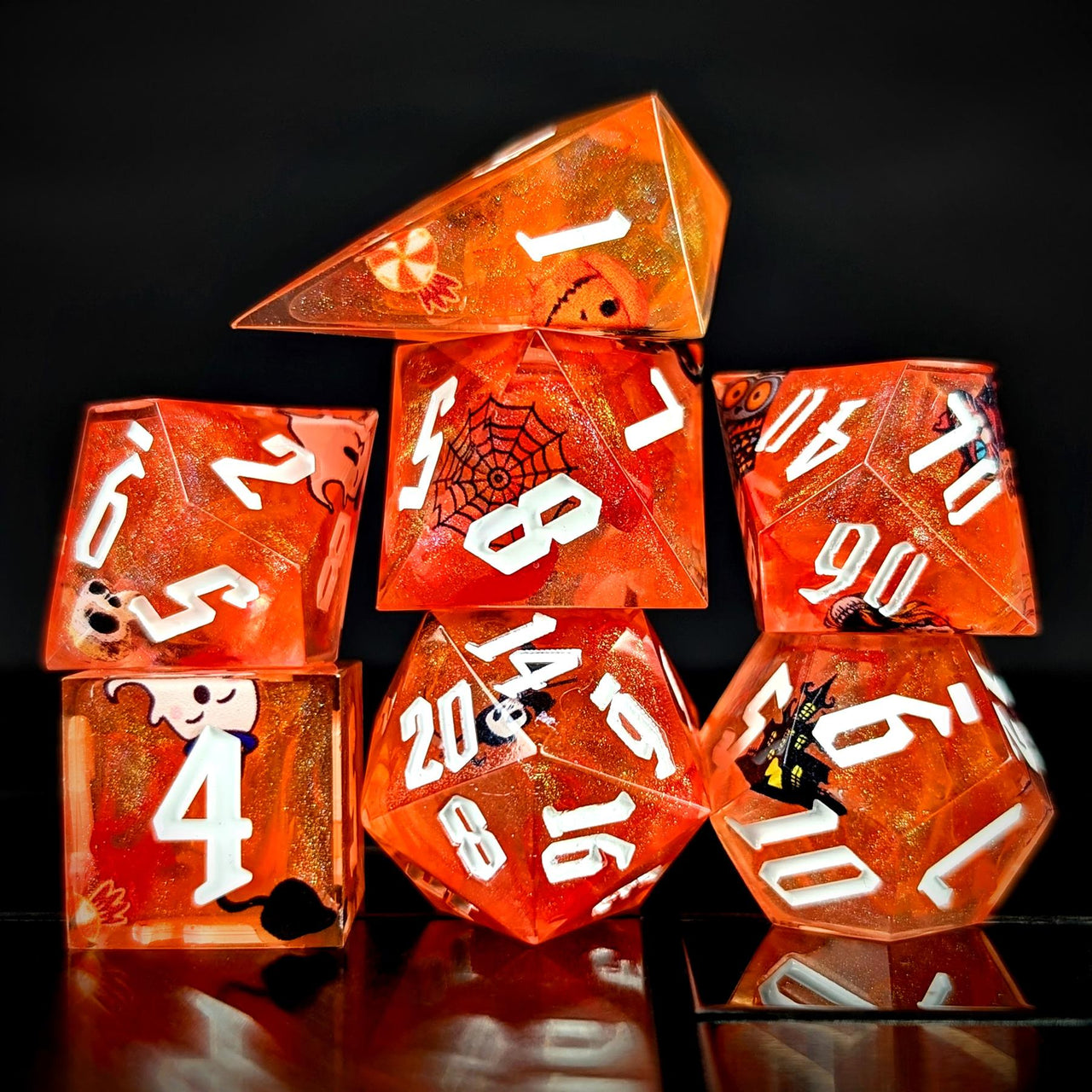 Halloween Ghosts in Orange Filled Sharp Resin - 7pcs RPG Dice Set
