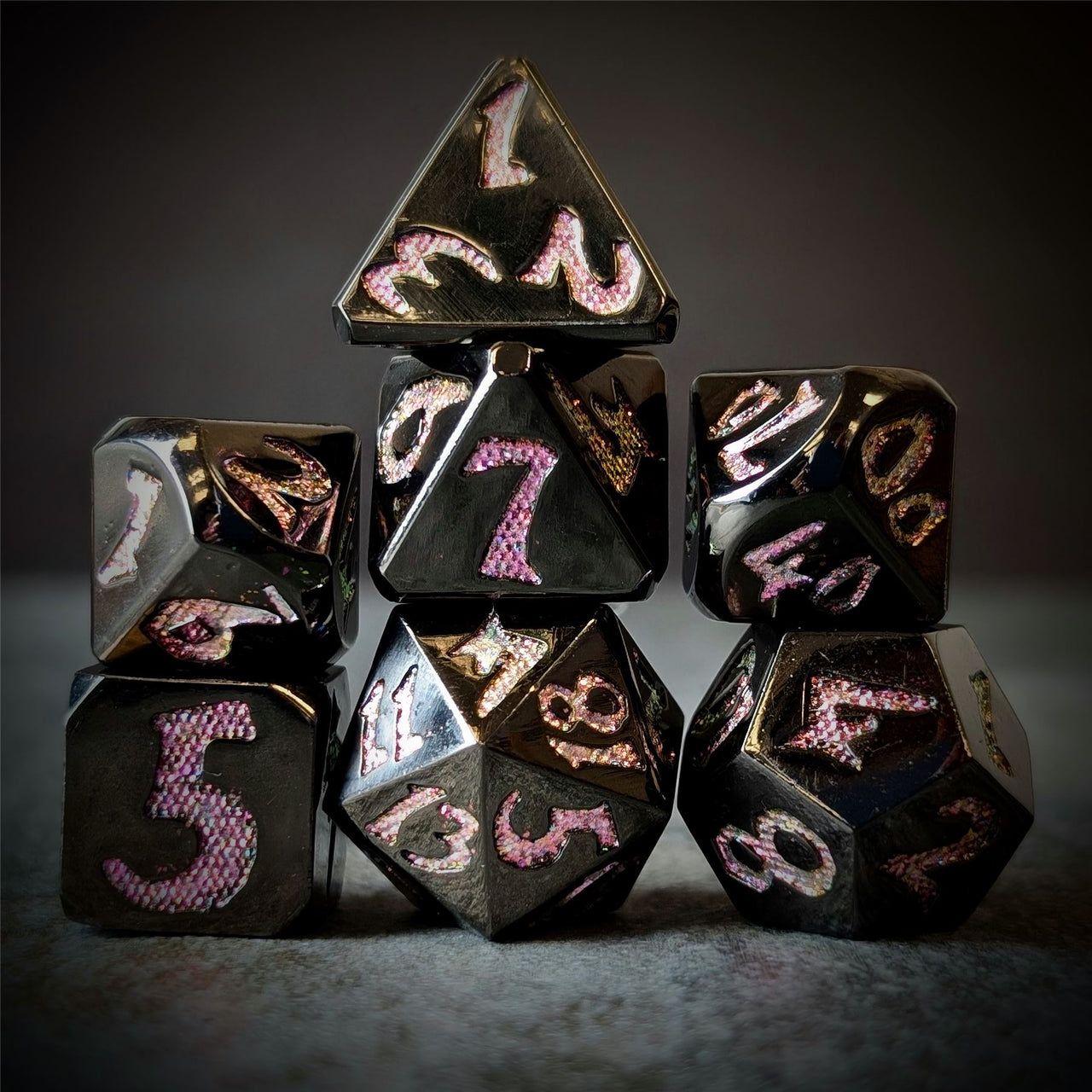 Pink & Yellow Font in Black Metal - 7pcs RPG Dice Set